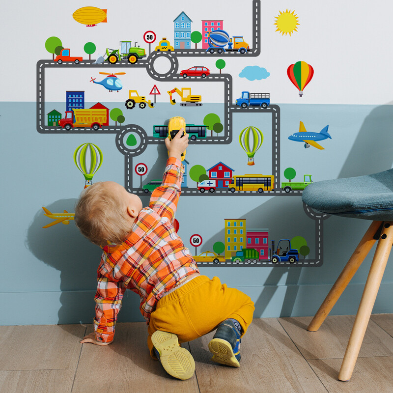 Rajzfilm Road Autó Repülő Hőlégballon Falimatricák Fiúk Gyerek Baba Hálószoba Falmatrica Óvodai háttérképek Otthoni matricák