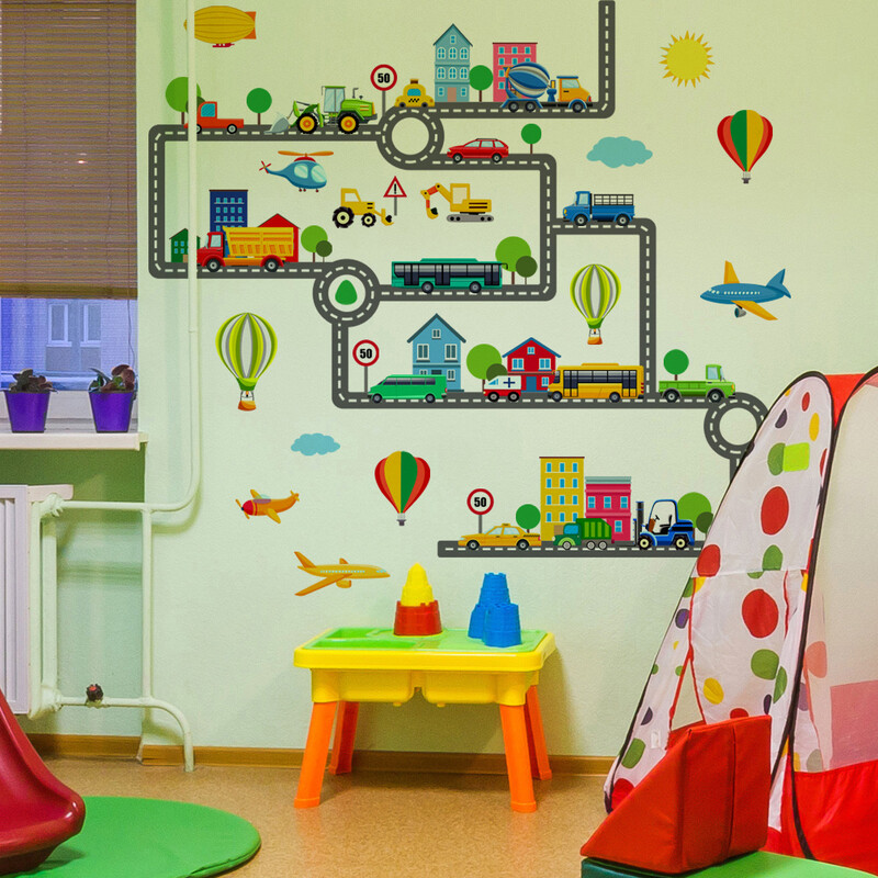 Rajzfilm Road Autó Repülő Hőlégballon Falimatricák Fiúk Gyerek Baba Hálószoba Falmatrica Óvodai háttérképek Otthoni matricák