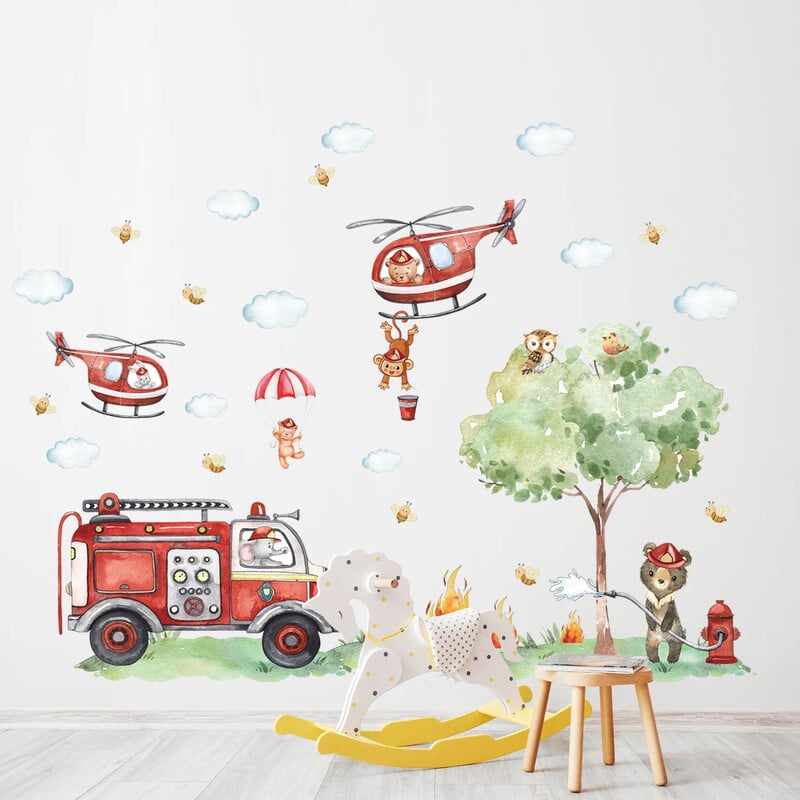 Animacinių filmų gyvūnų gaisro gesinimo sunkvežimių vaikų sienų lipdukai darželio vaikų kambario kūdikių miegamojo apdailai svetainės sienų lipdukai