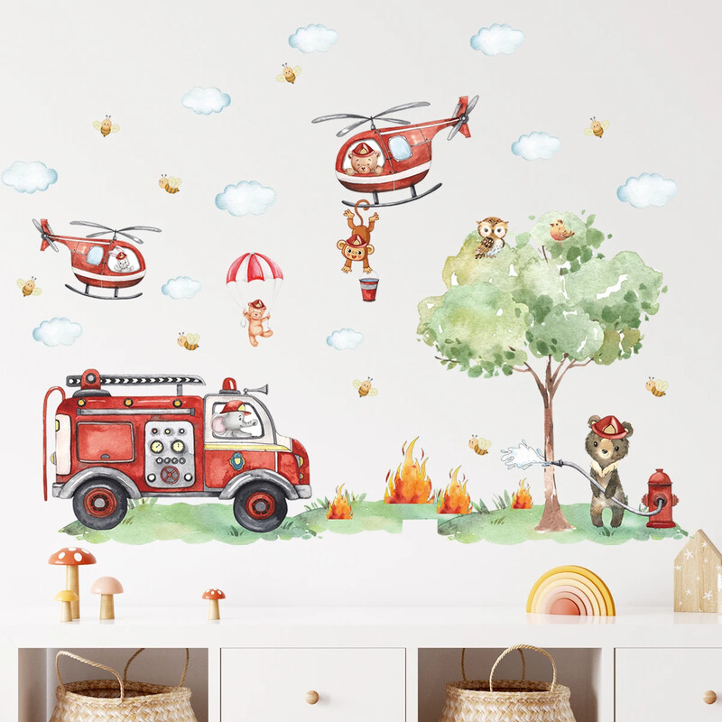 Animacinių filmų gyvūnų gaisro gesinimo sunkvežimių vaikų sienų lipdukai darželio vaikų kambario kūdikių miegamojo apdailai svetainės sienų lipdukai