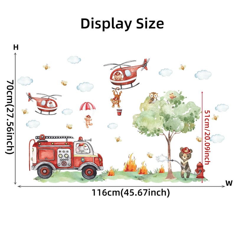 Animacinių filmų gyvūnų gaisro gesinimo sunkvežimių vaikų sienų lipdukai darželio vaikų kambario kūdikių miegamojo apdailai svetainės sienų lipdukai