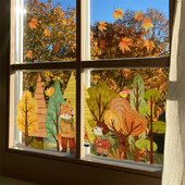 Animacinių filmų miško rudens lango lipdukas PVC elektrostatinis lapės ežiukas, nukritę lapai, stiklo lipdukai vaikams miegamojo dekoravimui