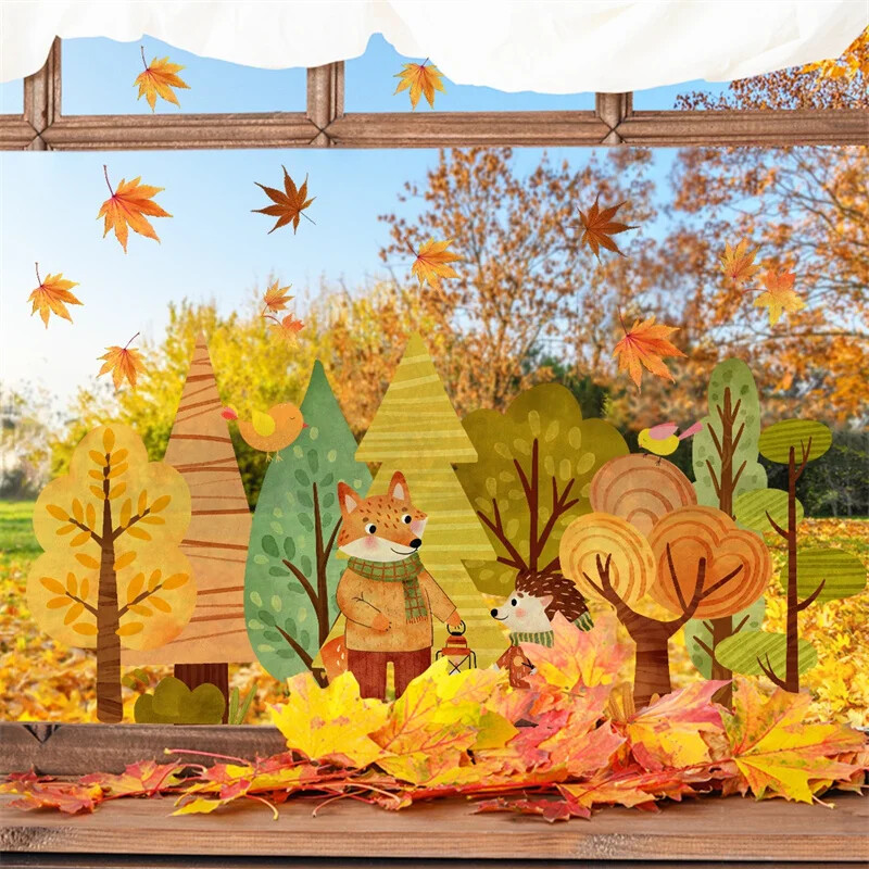 Animacinių filmų miško rudens lango lipdukas PVC elektrostatinis lapės ežiukas, nukritę lapai, stiklo lipdukai vaikams miegamojo dekoravimui