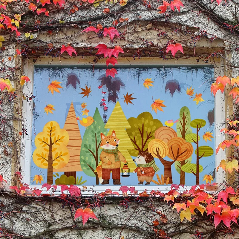 Animacinių filmų miško rudens lango lipdukas PVC elektrostatinis lapės ežiukas, nukritę lapai, stiklo lipdukai vaikams miegamojo dekoravimui