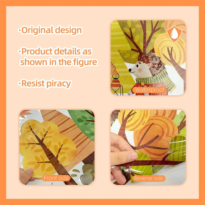 Animacinių filmų miško rudens lango lipdukas PVC elektrostatinis lapės ežiukas, nukritę lapai, stiklo lipdukai vaikams miegamojo dekoravimui