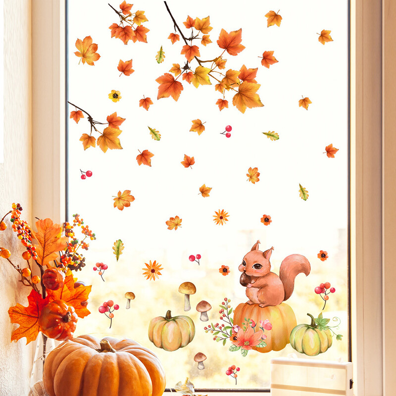 Frunze de arțar drăguț veveriță autocolant de perete fereastră decorare de Ziua Recunoștinței Toamna copii autocolant autocolant tapet mural