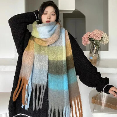 Szivárványkockás rojtos női sál őszi/téli vastagított nyak melegítő szín blokk utánzat kasmír angóra pashmina