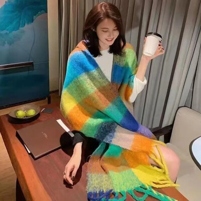 Szivárványkockás rojtos női sál őszi/téli vastagított nyak melegítő szín blokk utánzat kasmír angóra pashmina