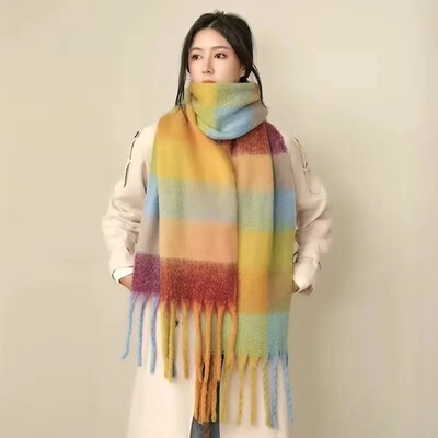 Szivárványkockás rojtos női sál őszi/téli vastagított nyak melegítő szín blokk utánzat kasmír angóra pashmina