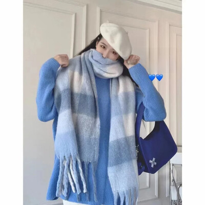 Szivárványkockás rojtos női sál őszi/téli vastagított nyak melegítő szín blokk utánzat kasmír angóra pashmina