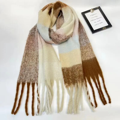 Szivárványkockás rojtos női sál őszi/téli vastagított nyak melegítő szín blokk utánzat kasmír angóra pashmina