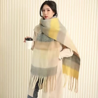 Szivárványkockás rojtos női sál őszi/téli vastagított nyak melegítő szín blokk utánzat kasmír angóra pashmina