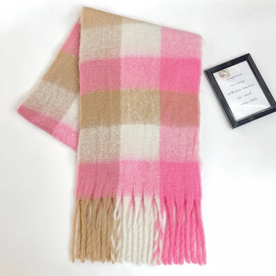 Szivárványkockás rojtos női sál őszi/téli vastagított nyak melegítő szín blokk utánzat kasmír angóra pashmina