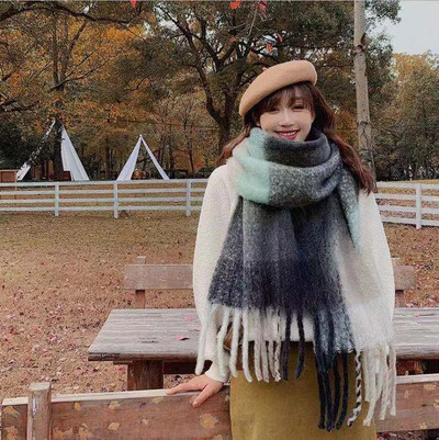 Szivárványkockás rojtos női sál őszi/téli vastagított nyak melegítő szín blokk utánzat kasmír angóra pashmina