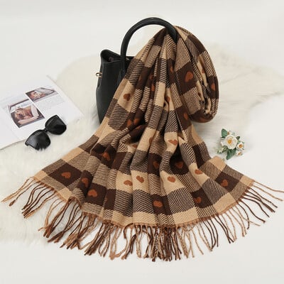 Forrón eladó téli kasmír bojtkendő szív alakú kockás nyomtatott hidzsáb női divat kültéri pashmina sál 180*70 cm