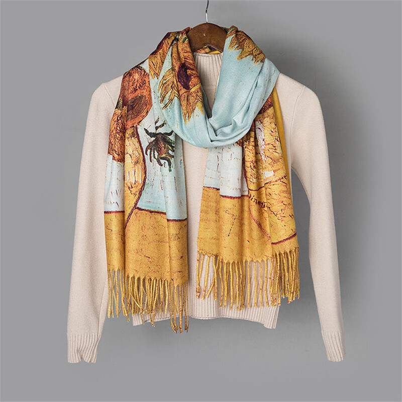 Téli Kasmír Sál Van Gogh Olajfestmény Napraforgó Váza Bojt Pashmina Takaró Kendők Pakolások Lady 2022 Divattervezés Foulard