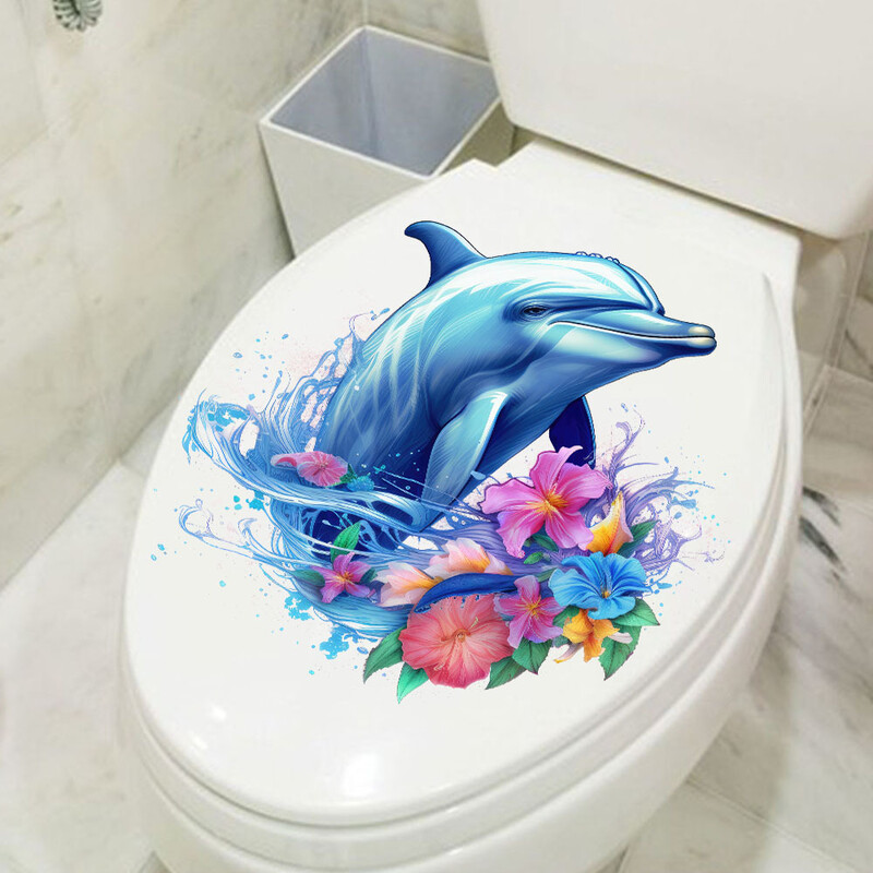 1 gab Creative Flower Dolphins tualetes uzlīmes Pašlīmējošas noņemamas PVC sienas uzlīmes Ledusskapja durvju vannas istabas apdare