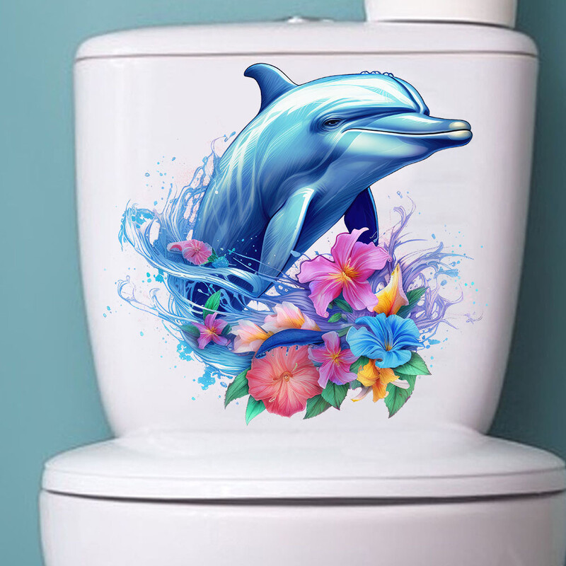 1 gab Creative Flower Dolphins tualetes uzlīmes Pašlīmējošas noņemamas PVC sienas uzlīmes Ledusskapja durvju vannas istabas apdare