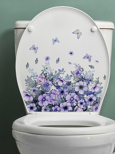 Autocolant de perete cu flori de plante violete, decor baie, toaletă, dulap de sufragerie, decalcomanii pentru decorarea casei, înfrumusețare murale autoadezive