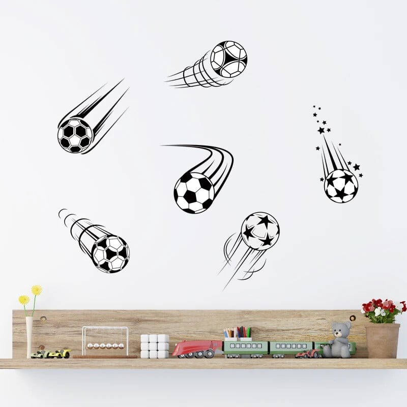 6 ks Nálepky na stenu s lietajúcim futbalom v rôznych štýloch s hviezdičkami pre chlapcov, spálňu, obývačku, detskú izbu, dekoráciu na stenu