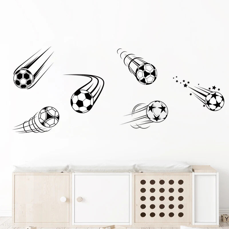 6 ks Nálepky na stenu s lietajúcim futbalom v rôznych štýloch s hviezdičkami pre chlapcov, spálňu, obývačku, detskú izbu, dekoráciu na stenu