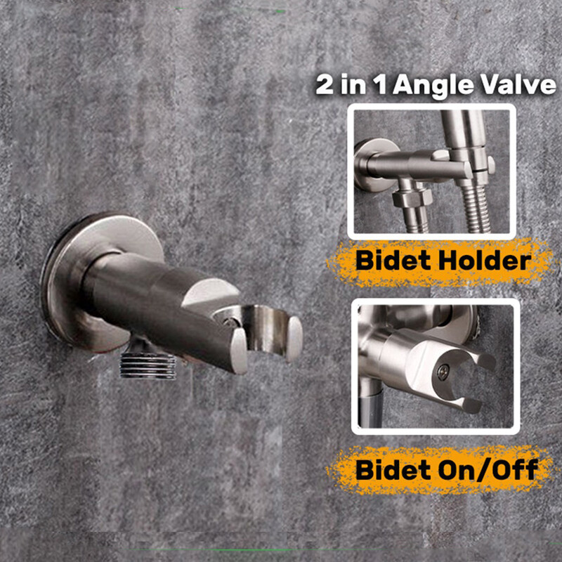 Falra szerelhető kézi zuhanytartó és tömlőcsatlakozó rozsdamentes acél vízbevezető szögszelep bidé tartóval