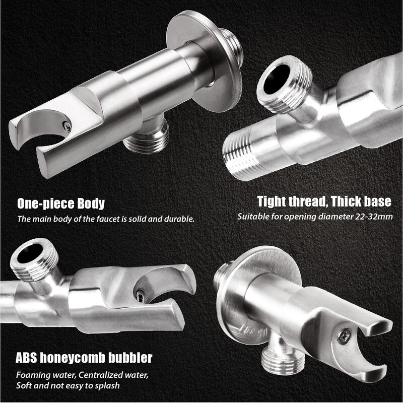 Falra szerelhető kézi zuhanytartó és tömlőcsatlakozó rozsdamentes acél vízbevezető szögszelep bidé tartóval