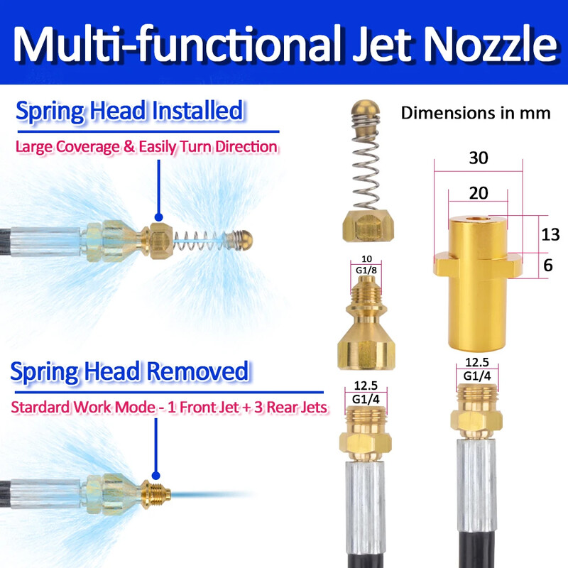 Nagynyomású tömlőfúvóka Csatorna fúvóka Csatorna csövek tisztítása Magasnyomású mosó tömlő csőtisztító adapter Megnyitja a szennyvíz eltömődését