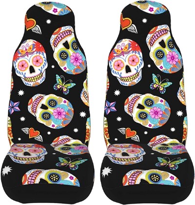 Poťahy na autosedačky Sugar Skulls Pink, sada 2 ks, chrániče predných sedadiel vozidla, doplnky do interiéru, ochranné poťahy na rohože do auta, univerzálne
