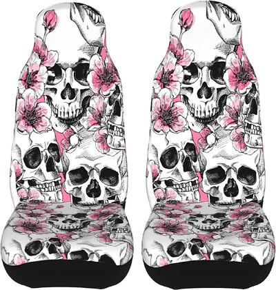 Poťahy na autosedačky Sugar Skulls Pink, sada 2 ks, chrániče predných sedadiel vozidla, doplnky do interiéru, ochranné poťahy na rohože do auta, univerzálne
