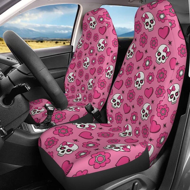 Poťahy na autosedačky Sugar Skulls Pink, sada 2 ks, chrániče predných sedadiel vozidla, doplnky do interiéru, ochranné poťahy na rohože do auta, univerzálne