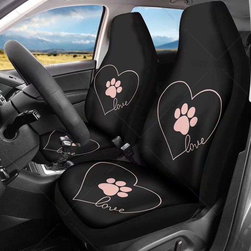 Automobilių sėdynių užvalkalai 2 vnt. Priekinių sėdynių apsauginiai užvalkalai moterims Mergaitėms Gyvūnų Šuo Letenos Meilė Širdies Rožinės Spausdintos Auto Sėdynės Užvalkalai