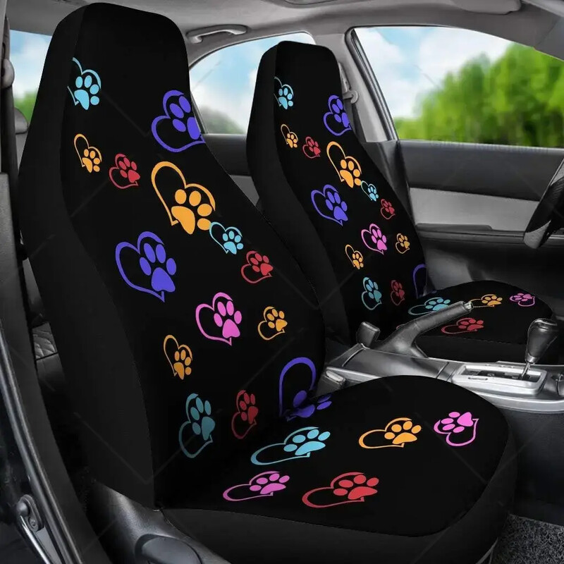 Farebné šteniatka, pes, mačiatko, labka, odtlačok lásky, srdce, predné poťahy na autosedačky, chránič autosedačky pre ženy a dievčatá, sada 2 kusov