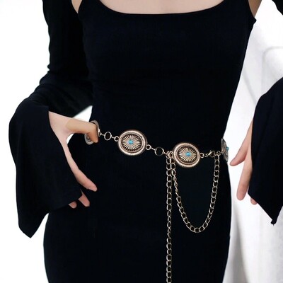 Vintage türkiz deréklánc Elegáns ovális geometriai faragott bojtlánc Bohemian Belly Chain Övruha Kiegészítők