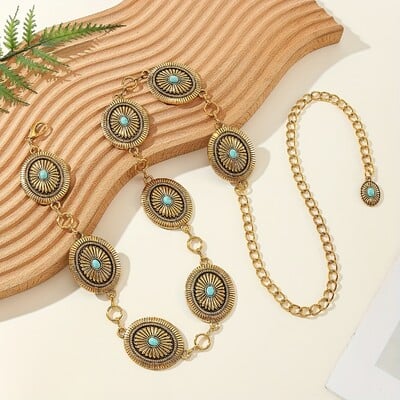 Vintažinė turkio spalvos juosmens grandinėlė Elegantiška ovali geometrinė raižyta kutų grandinėlė Bohemijos pilvo grandinėlės diržo suknelės priedai