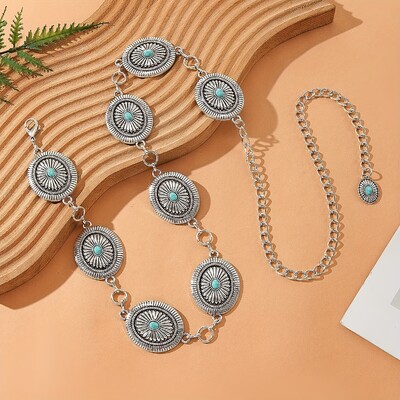 Vintažinė turkio spalvos juosmens grandinėlė Elegantiška ovali geometrinė raižyta kutų grandinėlė Bohemijos pilvo grandinėlės diržo suknelės priedai