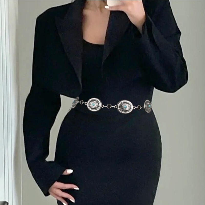 Vintažinė turkio spalvos juosmens grandinėlė Elegantiška ovali geometrinė raižyta kutų grandinėlė Bohemijos pilvo grandinėlės diržo suknelės priedai