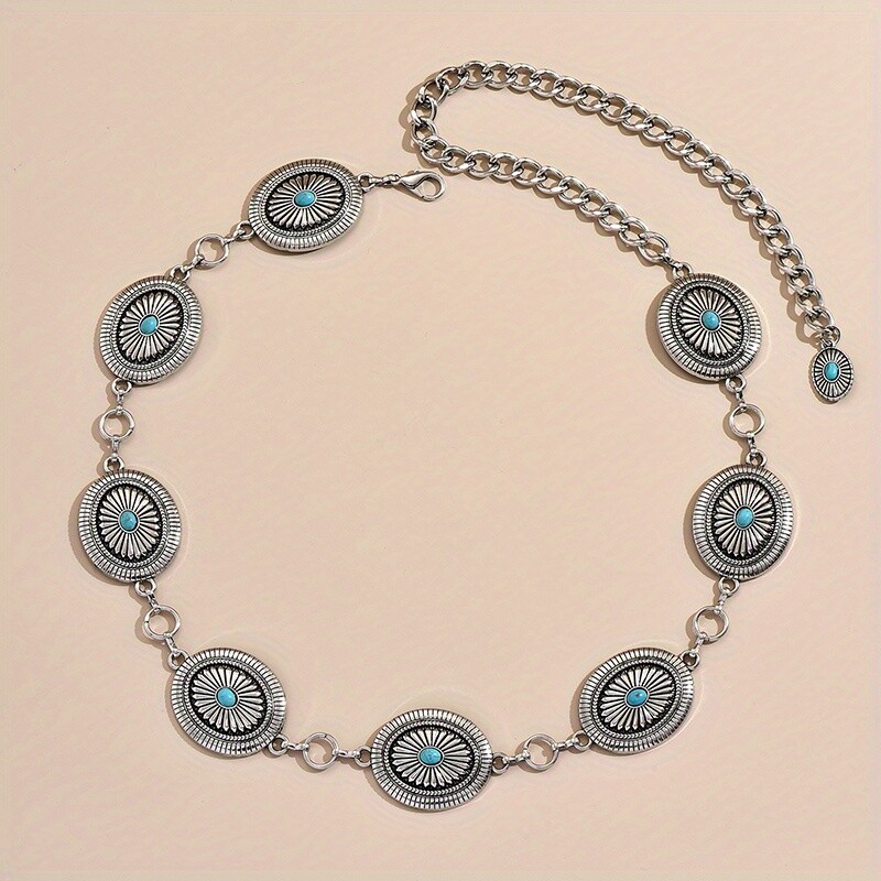 Vintažinė turkio spalvos juosmens grandinėlė Elegantiška ovali geometrinė raižyta kutų grandinėlė Bohemijos pilvo grandinėlės diržo suknelės priedai