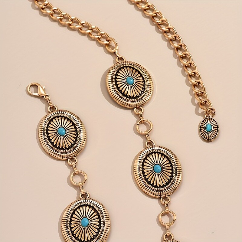 Vintažinė turkio spalvos juosmens grandinėlė Elegantiška ovali geometrinė raižyta kutų grandinėlė Bohemijos pilvo grandinėlės diržo suknelės priedai