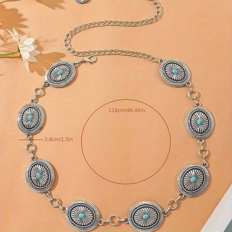 Vintažinė turkio spalvos juosmens grandinėlė Elegantiška ovali geometrinė raižyta kutų grandinėlė Bohemijos pilvo grandinėlės diržo suknelės priedai