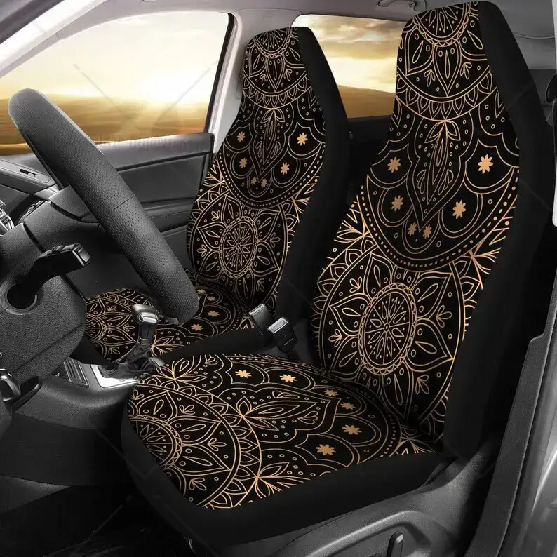 Poťah na autosedačku Gold Mandala, hippie, duchovné doplnky do auta, poťahy na auto, kvetinové poťahy na sedadlá, darček pre neho, potlač slnka, 2 ks