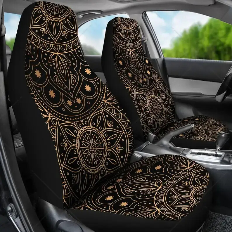 Poťah na autosedačku Gold Mandala, hippie, duchovné doplnky do auta, poťahy na auto, kvetinové poťahy na sedadlá, darček pre neho, potlač slnka, 2 ks