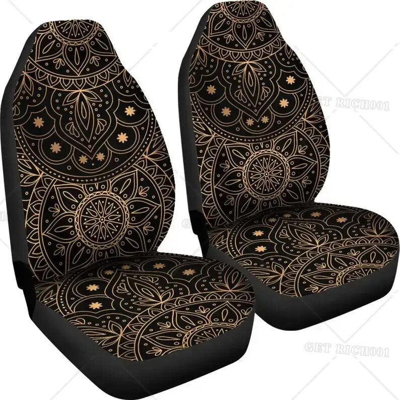 Poťah na autosedačku Gold Mandala, hippie, duchovné doplnky do auta, poťahy na auto, kvetinové poťahy na sedadlá, darček pre neho, potlač slnka, 2 ks