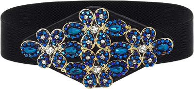 Cureaua Strass Stretch Neagra Lata Femei Curele Albastre Elastic Flora Talie Bijuterii Accesorii pentru Rochie