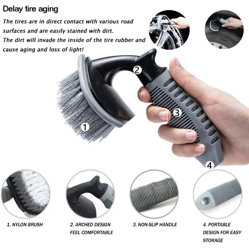 Lengvojo lydinio ratlankių šepečių padangų valymo įrankis T formos sulenktos rankenos tarpelio nukenksminimo nailoninis padangų šepetys Automobilių grožio priedai