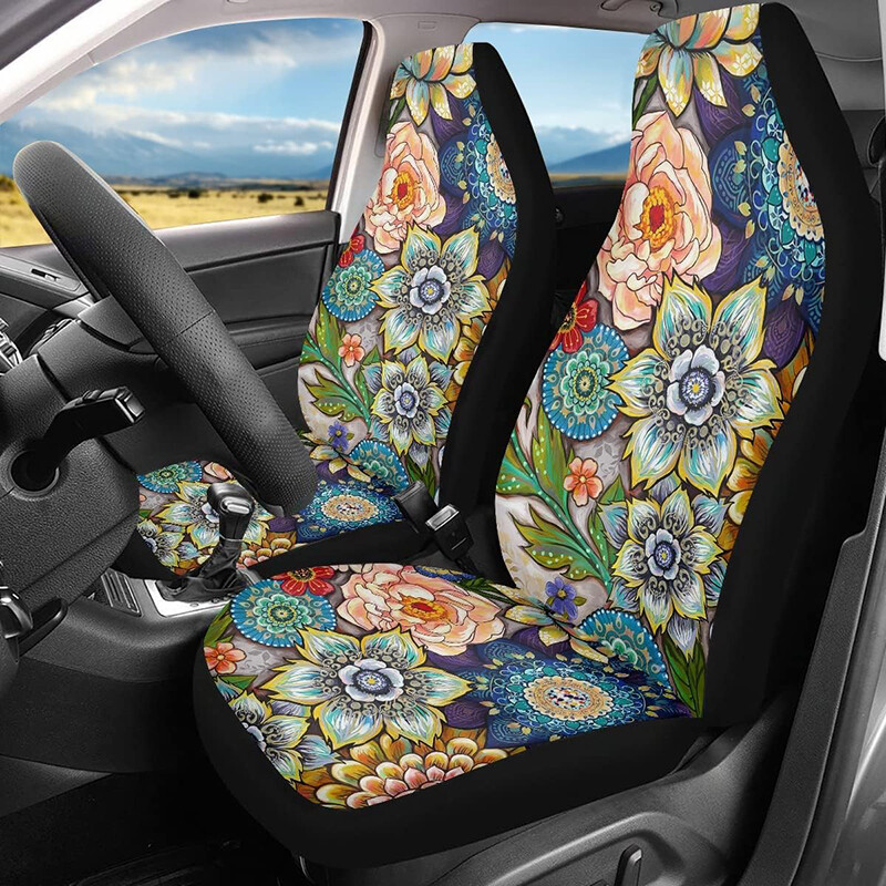 2 ks poťahy na autosedačky pre ženy, univerzálny chránič predných sedadiel, kvety, boho kvetinová potlač pre väčšinu áut, SUV, nákladných vozidiel, dodávok