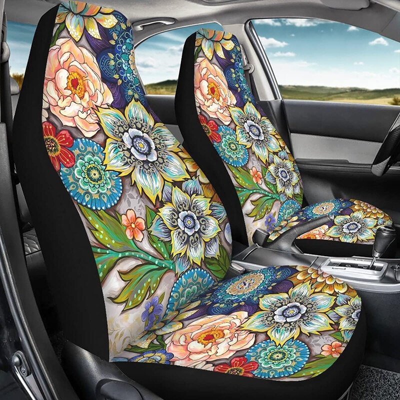 2 ks poťahy na autosedačky pre ženy, univerzálny chránič predných sedadiel, kvety, boho kvetinová potlač pre väčšinu áut, SUV, nákladných vozidiel, dodávok