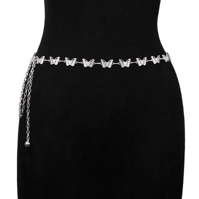 Ezüst és arany fém haslánc nőknek Aranyos strasszos pillangós hasi csípőlánc derék öv nőknek