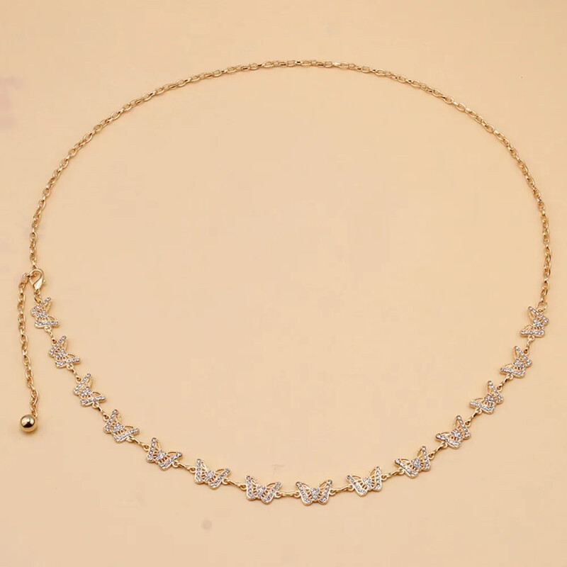 Ezüst és arany fém haslánc nőknek Aranyos strasszos pillangós hasi csípőlánc derék öv nőknek