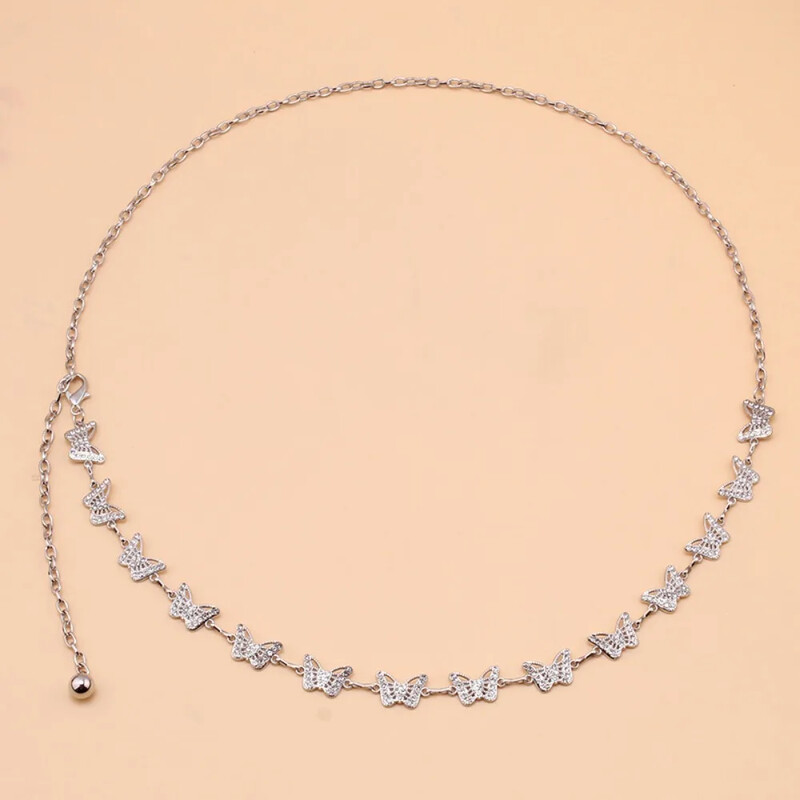 Ezüst és arany fém haslánc nőknek Aranyos strasszos pillangós hasi csípőlánc derék öv nőknek